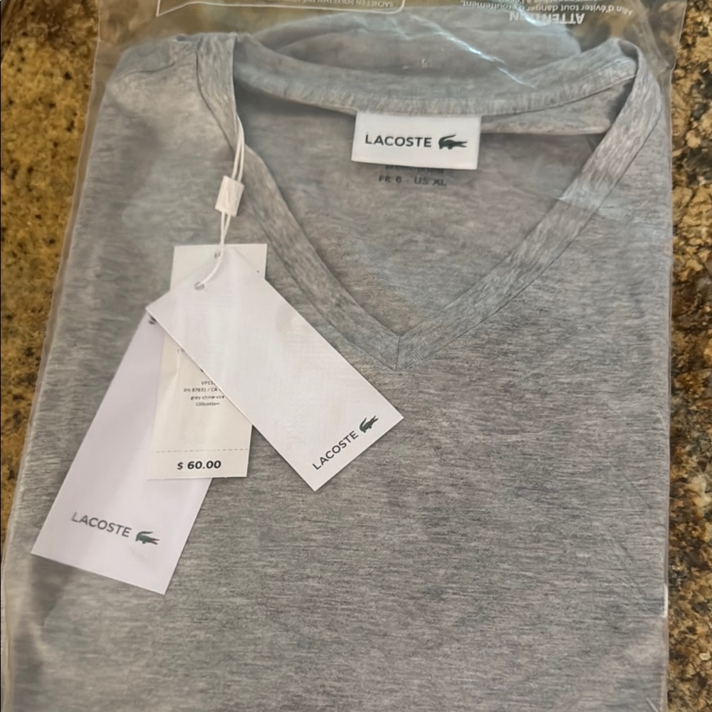 Lacoste Heather Gray V-Neck Tee
